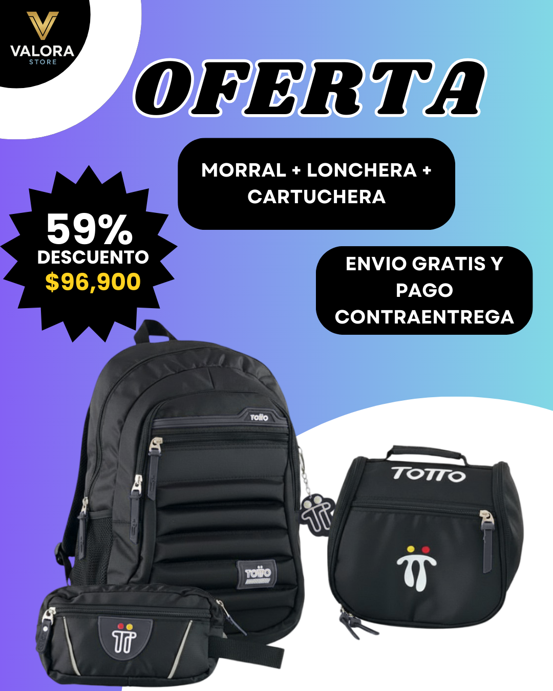 Super oferta Totto 3x1: Morral+Cartuchera+Lonchera